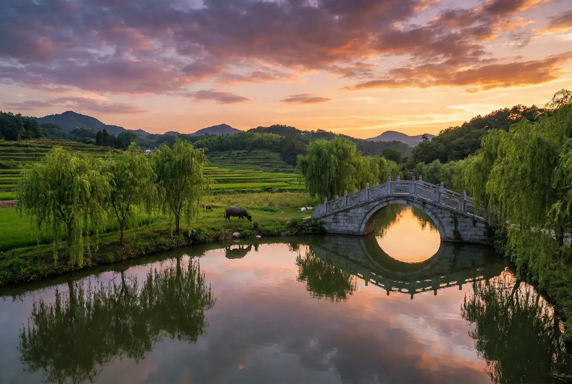 夕阳下的石拱桥与垂柳，水牛在河边吃草 - 国产自拍在线 乡村美景